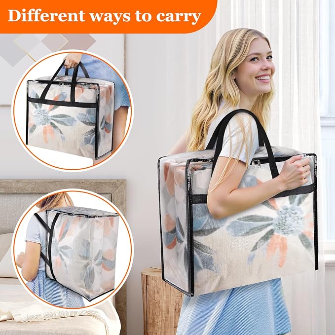 TasticTotes 6 Pack Clear Storage Bags for Comforter, Clothes & Bedding, 60L | Plastic Blanket Storage with Zipper & Handle, Foldable Moving Bags, Closet Organizer and Under-Bed Storage Containers - Image 4