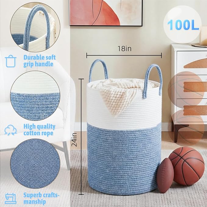 Laundry Basket,Woven Cotton Rope Laundry Hamper,100L for Decor Storage of Dirty Clothes,Toys and Blankets in Bathroom,Baby Room and Living Room - Image 6