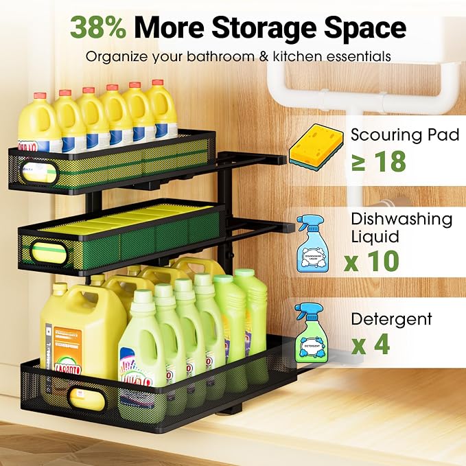Under Sink Organizer 3 Tier, 2 Pack L-Shaped Pull-Out Cabinet Organizer with Sliding Metal Mesh Drawers, Height Adjustable Under Sink Storage Rack for Kitchen Bathroom Cabinet, Black - Image 5
