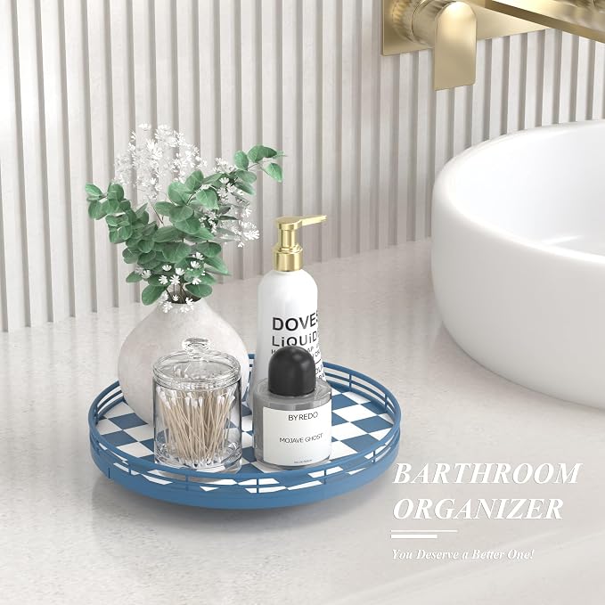 Blue and White Checkerboard Lazy Susan with Rubberwood Base and Metal Rail - Image 3