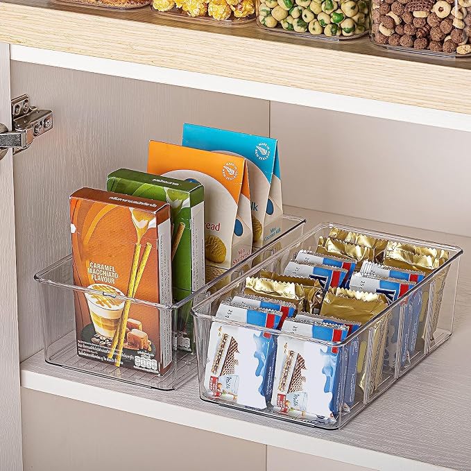 Vtopmart 2 Pack Food Storage Organizer Bins, Clear Plastic Bins for Pantry, Kitchen, Fridge, Cabinet Organization and Storage, 4 Compartment Holder Packets, Snacks, Pouches, Spice Packets - Image 7