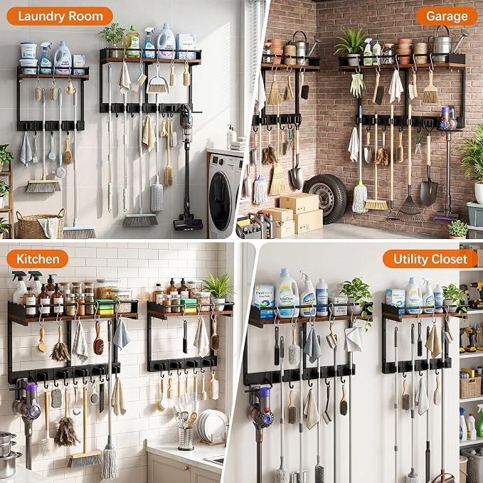 Broom Holder Wall Mount, Broom and Mop Organizer Wall Hanging with Vacuum Stand and & Hooks, Heavy Duty Laundry Organization & Storage, Utility Racks with Wood Shelf & Guard (L) - Image 7