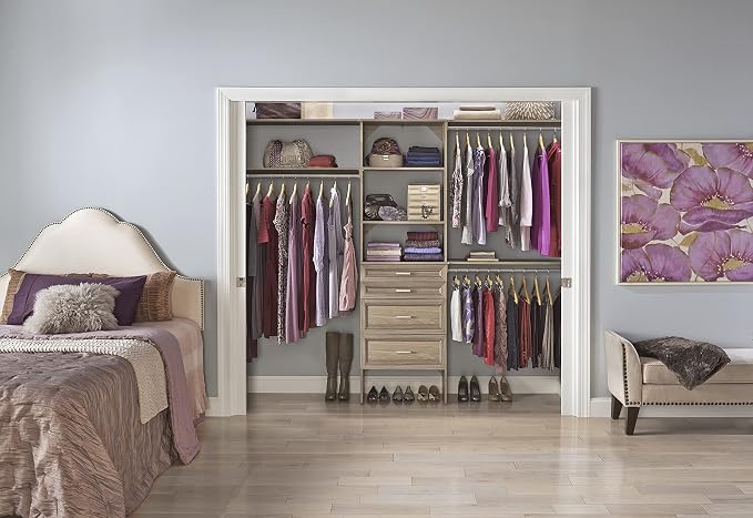 ClosetMaid SuiteSymphony Wood Closet Organizer Starter Kit with Tower and 3 Hang Rods, Shelves, Adjustable, Fits Spaces 5 – 10 ft. Wide, Natural Gray - Image 11