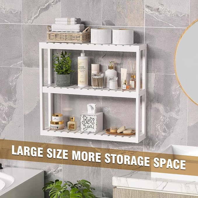 Domax Bathroom Shelves Over Toilet Storage - 3 Tier Wall Mounted Bamboo Bathroom Shelf Organizer Multifunctional Adjustable Layer Free Standing Utility Shelves for Bathroom Living Room Kitchen, White - Image 7