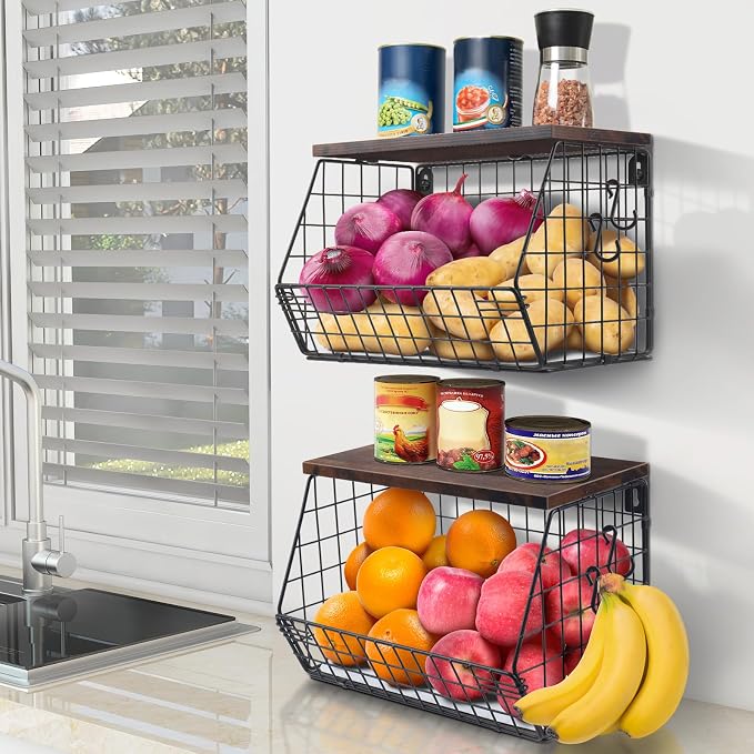 Mefirt 2pcs Fruit Basket Kitchen Storage Basket with Wood Lid - Image 8