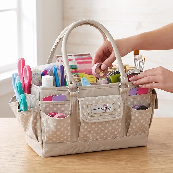 Everything Mary Deluxe Store & Tote Organizer – Tan Dot Craft Tote with Handle – Art Supply Caddy for Sewing, Scrapbooking, DIY Projects & Creative Tool Storage - Image 2
