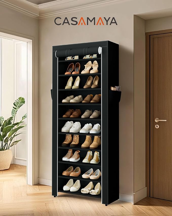 CASAMAYA Shoe Rack with Covers, 10 Tiers Tall Shoe Rack Organizer, Large Capacity Shoe Shelf Storage, Hold 20 Pairs of Shoes, Vertical Shoe Storage Organizer for Closet, Entryway, Black, SRT102B01 - Image 2