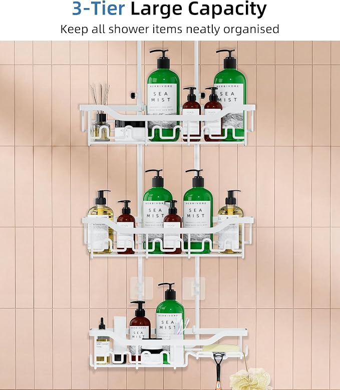 Adjustable Shower Caddy Hanging, Extended Length Organizer Over Shower Head, 3 Tier Long Neck Shower Rack with Soap Holder for Large Storage, White - Image 6