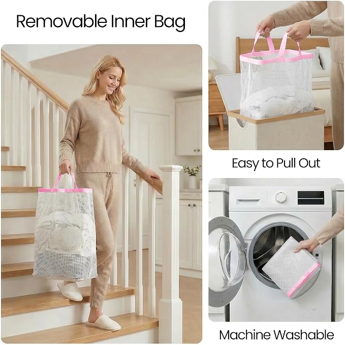 efluky Slim Laundry Basket with Lid, Narrow Laundry Hamper with Removable Bag, Skinny Dirty Clothes Basket with Bamboo Handles for Bathroom, Bedroom & Laundry Room, 65L Pink - Image 6