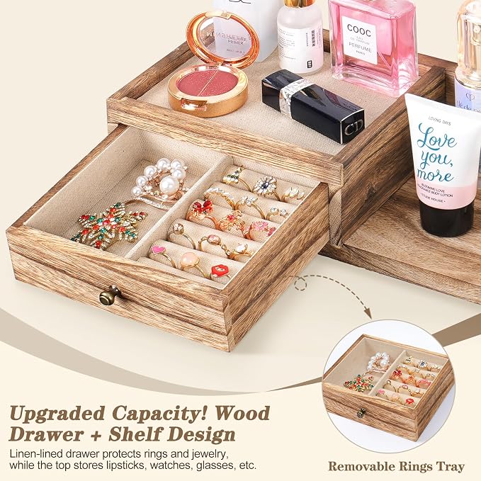 VINAEMO Jewelry Organizer Hanging Wall Mounted Jewelry Holder with Rustic Wood Drawer & Large Capacity Storage Shelf Rack Display for Earrings Rings Necklaces Bracelet - Image 4
