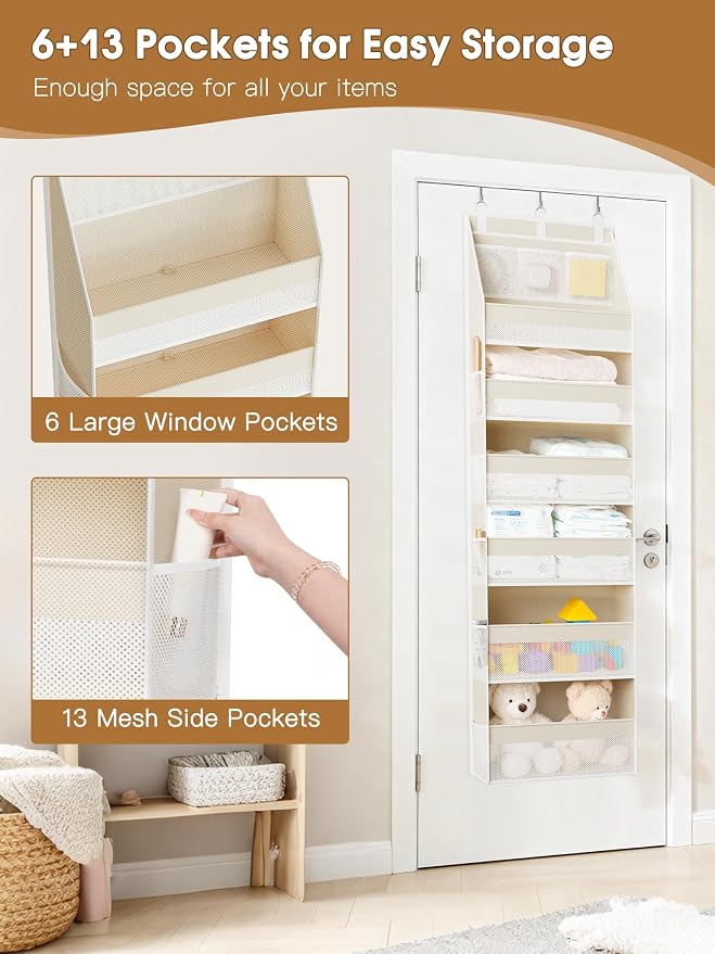 Criusia Over the Door Organizer, 6-Shelf Closet Hanging Storage with 13 Mesh Pockets, 55lbs Capacity Behind the Door Storage for Baby Nursery, Bathroom, Bedroom, and Dorm, Beige - Image 5