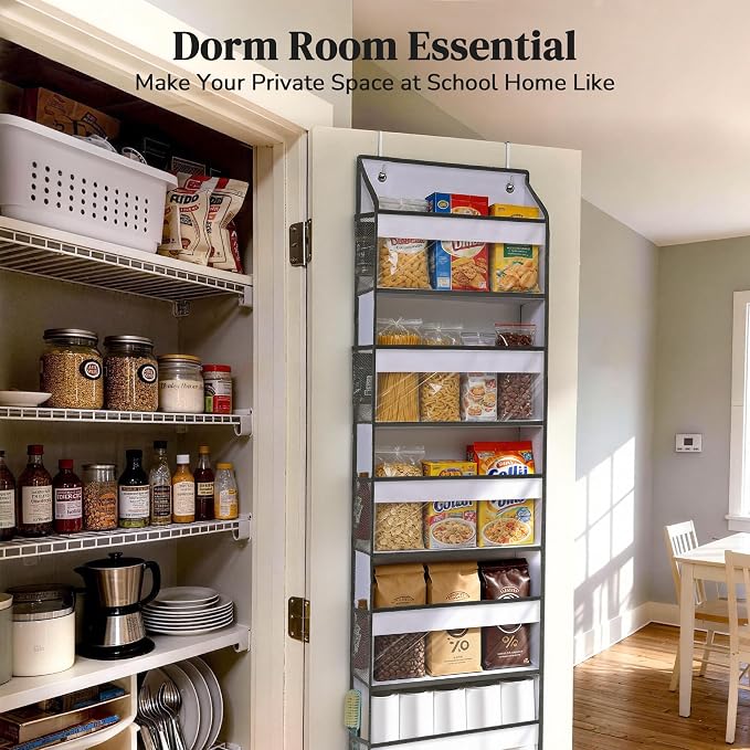 5 Tiers Ultra-thin Over Door Organizer with 10 Mesh Side Pockets, 44 lbs Weight Capacity Hanging Storage Organizer with Clear Window Kids Toys, Shoes, Diapers, White & Grey - Image 4