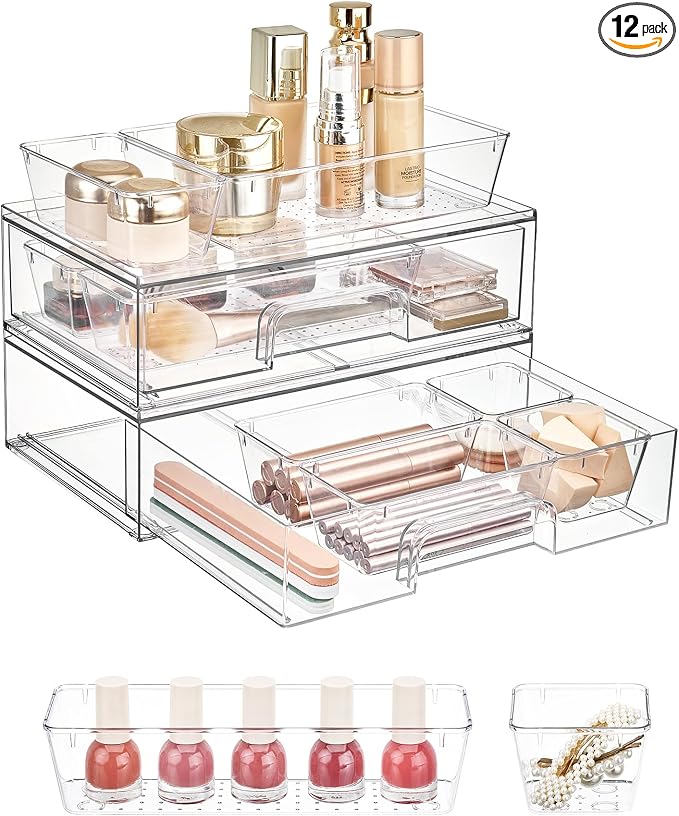 Vtopmart 12-Pack Clear Makeup Organizer Set with Drawer Organizer Bins | 2 Pack Stackable Storage Drawers & 10 Pack Drawer Organizer for Vanity Cosmetic, Bathroom Countertop, Desk by Vtopmart