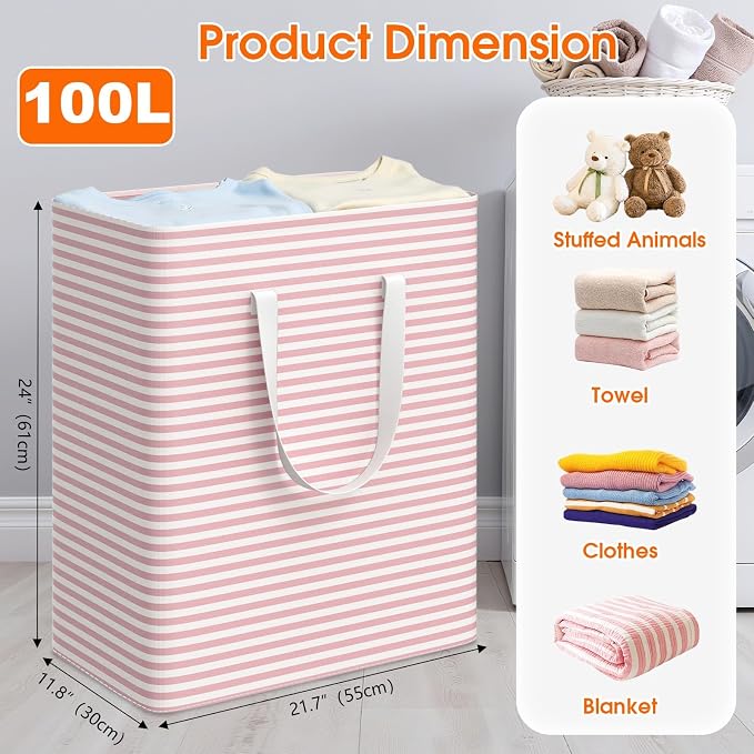 3-Pack Laundry Basket, Collapsible Laundry Hampers, 100L, Pink - Image 2
