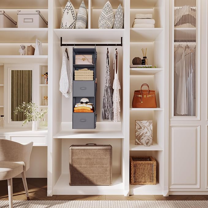 YOUDENOVA Hanging Closet Organizer, Hanging Shelves with Drawers, Dark Grey | Closet Organizers and Storage with 6 side pockets, Foldable Storage for Clothes, Socks, Underwear & More, Breathable Fabric - Image 2
