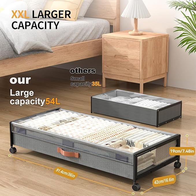 Under Bed Storage Containers with Wheels Large Underbed Shoes Blankets Clothes Toy Storage Drawers for College Dorms Bedrooms Nursery Rooms Organization (Grey 2 Pack, 7.5in height(36"x16.6"x7.48")) - Image 2