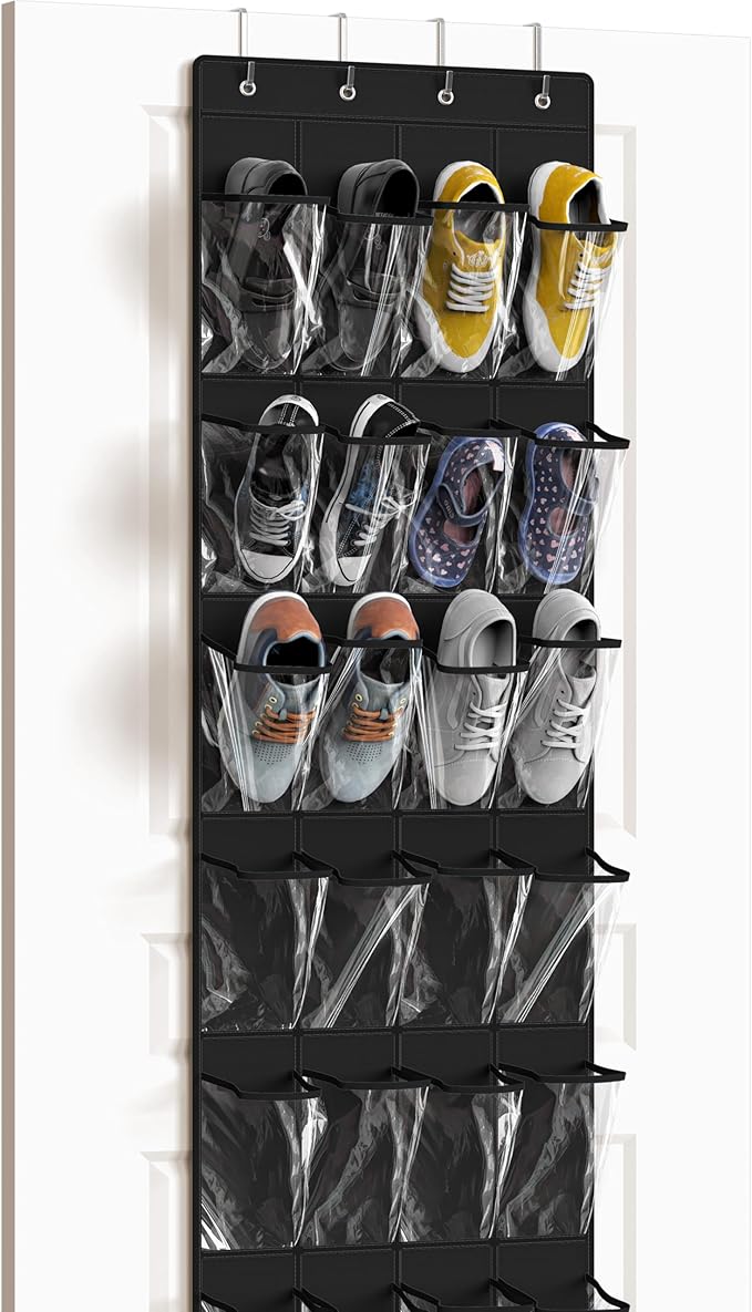 Simple Houseware 24 Pockets Clear Over the Door Shoe Organizer, Black | 64" x 19", 4 Durable Metal Hooks, 4.3" x 9.5" Pocket Size, Multipurpose by SimpleHouseware