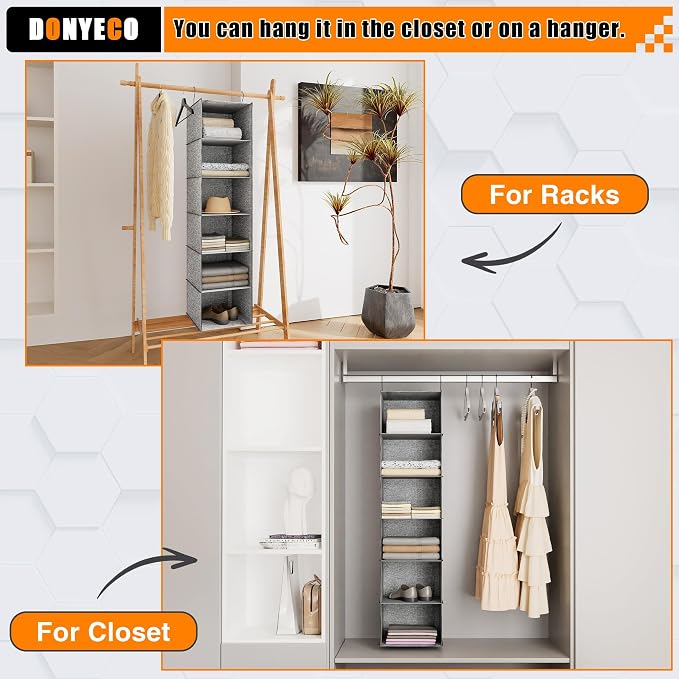 Hanging Closet Organizer 6-Shelf, Oxford Linen Wardrobe Storage, Gray | Easy-mount foldable design holds clothes, handbags, shoes & accessories; washable Oxford fabric, sturdy and space-saving. - Image 7
