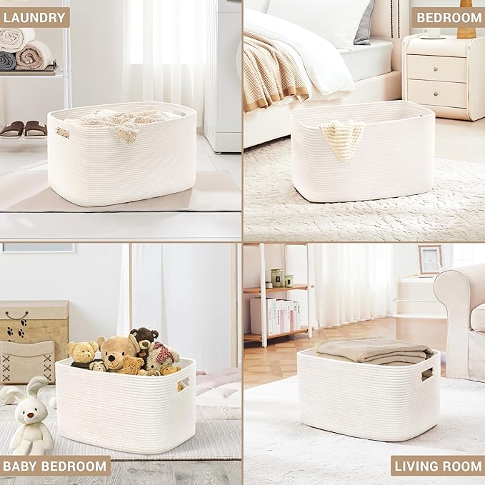 100L Extra Large Woven Laundry Basket Hamper with Handles, White - Image 5