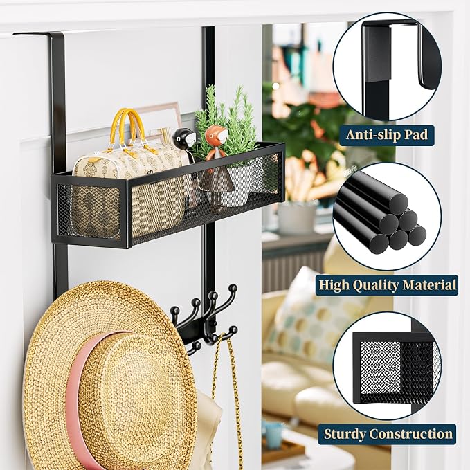 Consumest Over The Door Hooks Organizer - 2 Tier Over Door Hanger with 16 Hooks & 2 Baskets for Hanging Coat, Clothing, Towel, Back Storage for Bathroom, Closet, College Dorm, Black - Image 5