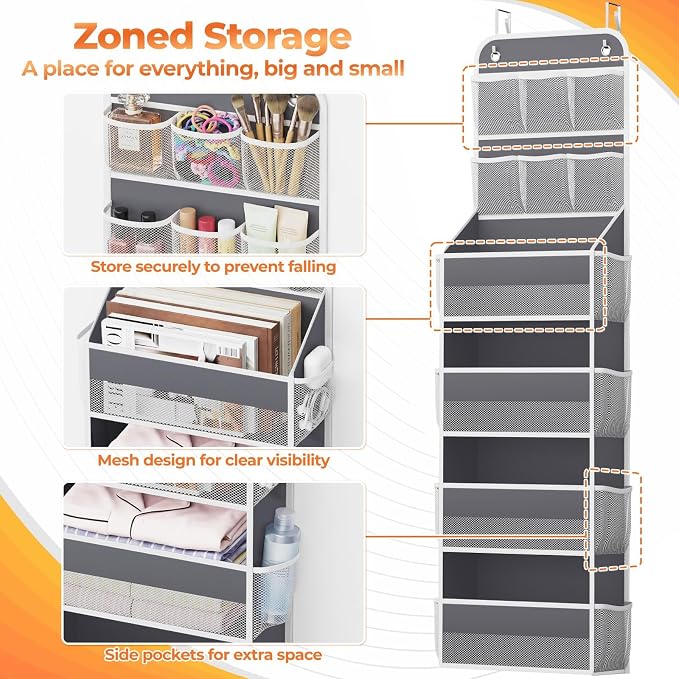 SpaceHacks 6-Tier Over the Door Organizer with Mesh Pockets, Baby Nursery Storage for Closet, Bathroom and Bedroom, Adjustable Hanging Closet Organizer for Cosmetics, Books and Essentials (Dark Grey) - Image 3