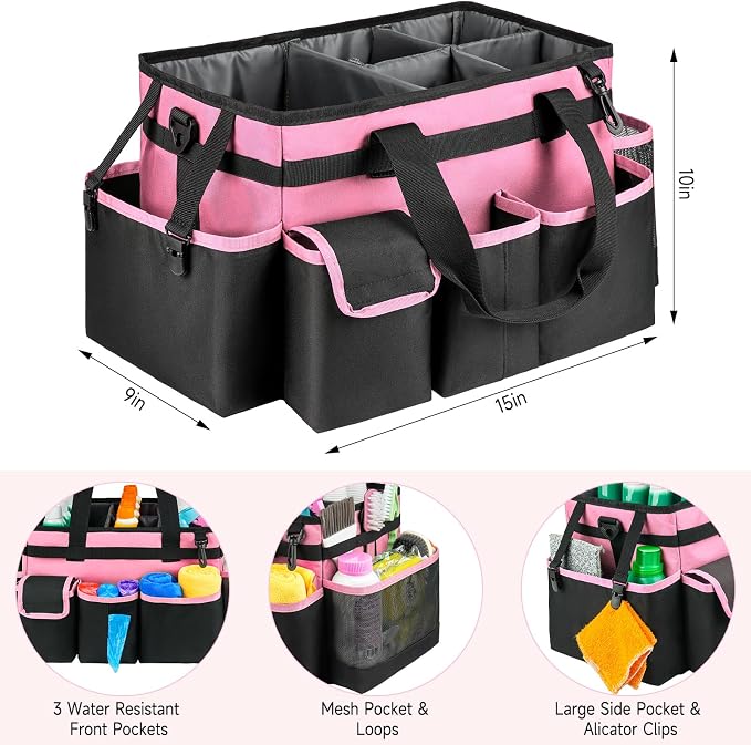 Cleaning Caddy,Large Cleaning Bags for Housekeepers,Cleaning Supplies Organizer with Handle,Pink - Image 4