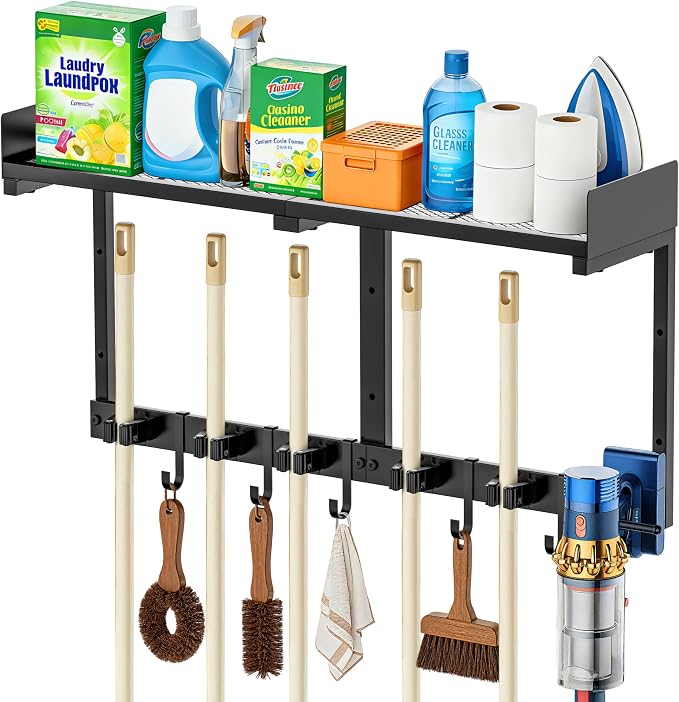 27" Mop and Broom Holder Wall Mount with Top Storage Shelf & Hooks,Black by HUFAND