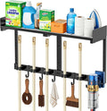 27" Mop and Broom Holder Wall Mount with Top Storage Shelf & Hooks,Black by HUFAND