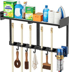 27" Mop and Broom Holder Wall Mount with Top Storage Shelf & Hooks,Black by HUFAND