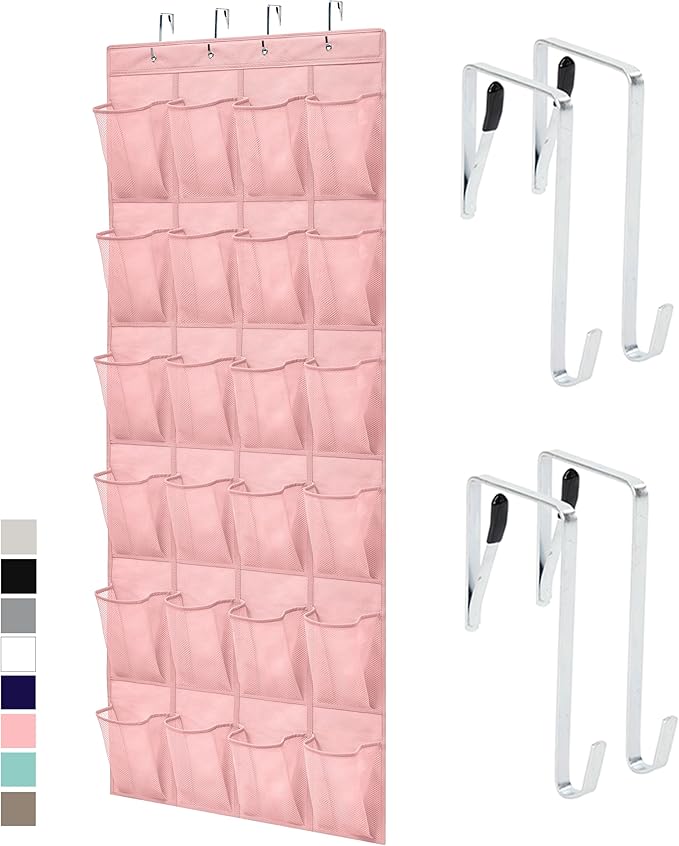 GORILLA GRIP Over the Door Shoe Organizer, 24 Large Pockets, Pink | Breathable Mesh Pocket, Space Saving Hanging Storage Holder, Closet Rack Hanger for Shoes, Pantry and Bathroom Accessories by Unknown
