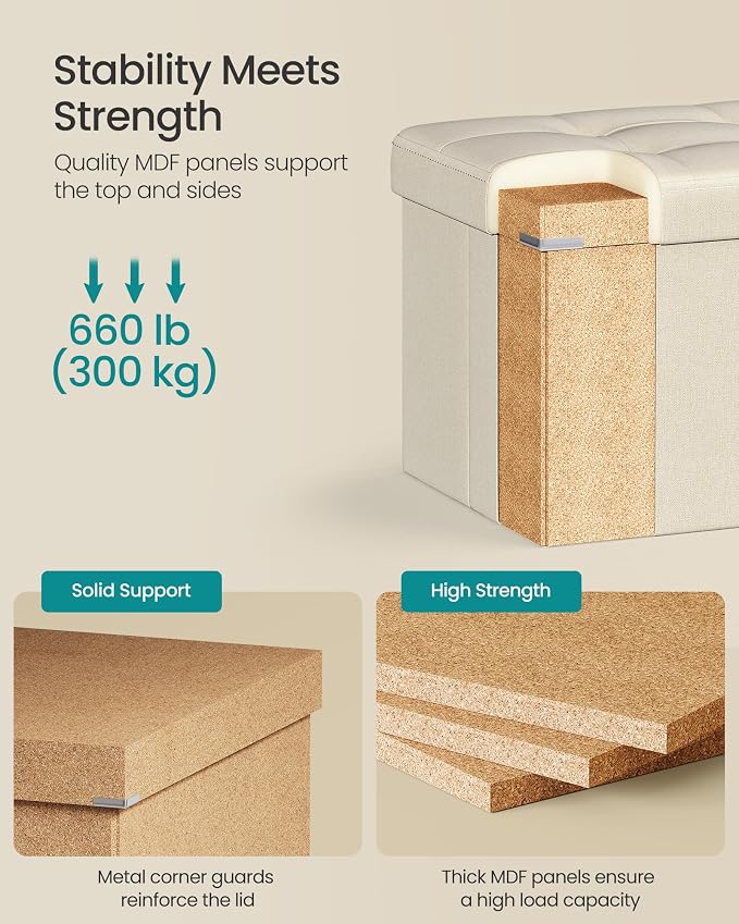 SONGMICS 43.3 Inches Folding Storage Ottoman Bench, Load 660 lb | Ottoman Foot Rest, Storage Chest, for Living Room, Entryway, Cream White and Ink Black, MINOTA Collection ULSF77BE - Image 4