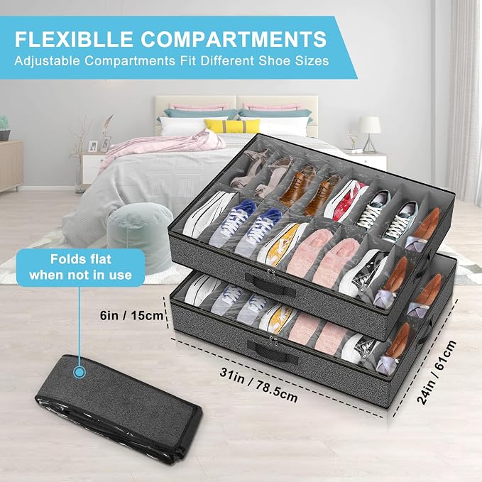 Under Bed Shoe Storage Organizer for Closet, 32 Pairs Sturdy Underbed Shoe Storage Boxes Bins Container Foldable Shoes Storage with Reinforced Handles & Clear Window for College Dorms Grey, Set of 2 - Image 4