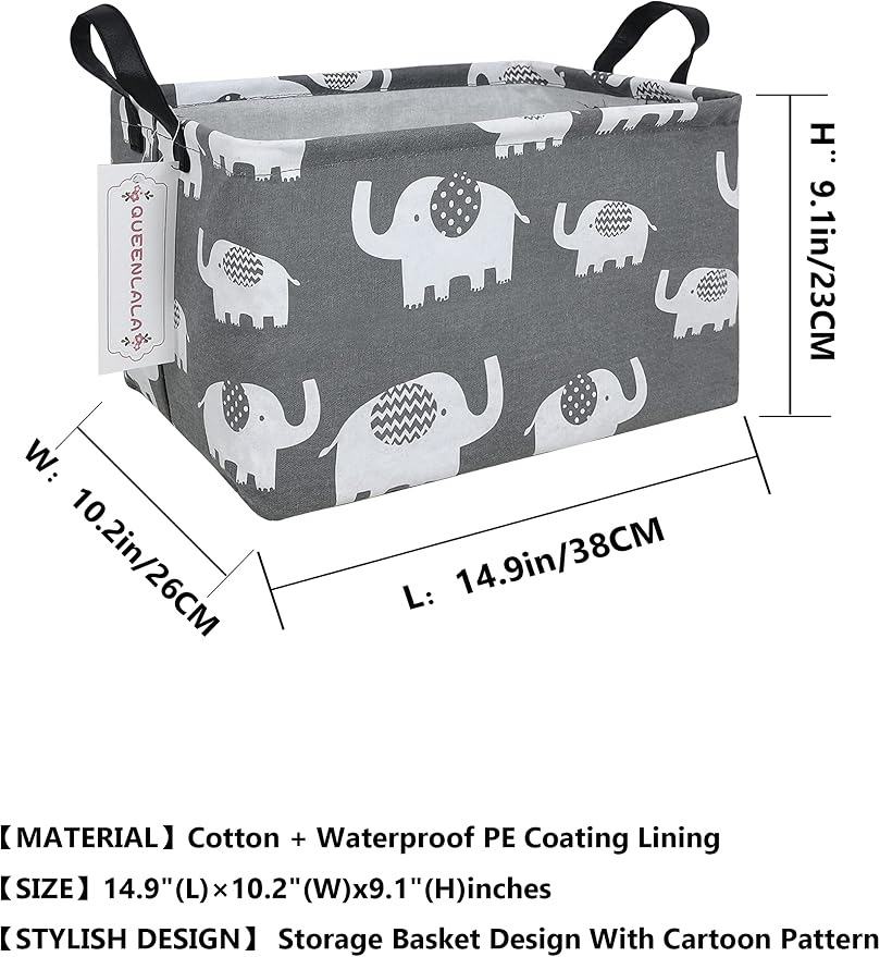 Rectangular Collapsible Laundry Basket with Side Handles, Elephant - Image 2
