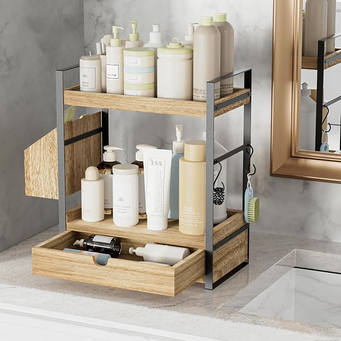 2-Tier Bathroom Counter Organizer, Wooden Vanity Shelf with Drawer & Basket - Image 6