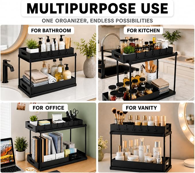 2 Pack Under Sink Organizer, Pull-Out Cabinet Storage Organizers for Bathroom & Kitchen, Multi-Purpose Under Counter Shelf Rack for Cleaning Supplies, Bottles & Toiletries, Cabinet Organizer-Black - Image 7