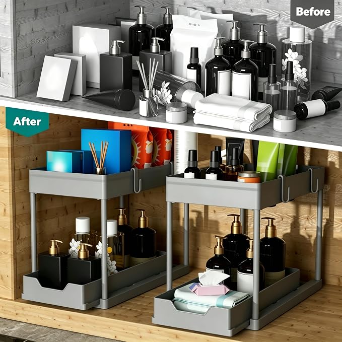 DEKAVA 2 Pack Under Sink Organizer, 2-Tier Sliding Cabinet Basket, Grey - Image 4