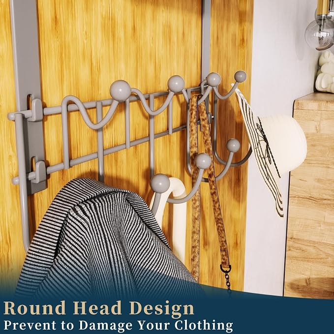 Consumest Over The Door Hooks Organizer - 3 Tier Door Hanger with 9 Coat Hooks & 2 Mesh Basket, Back Storage Organizer Hanging Towels for Bathroom, Bedroom, Grey - Image 4