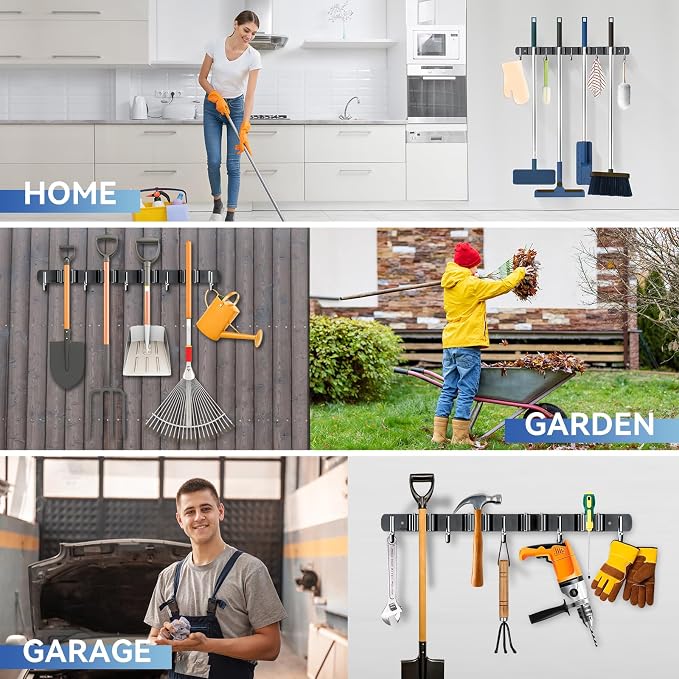 ZONGOOL 2 Pack Mop Broom Holder Wall Mount 4 Racks 5 Hooks Storage Black - Image 7