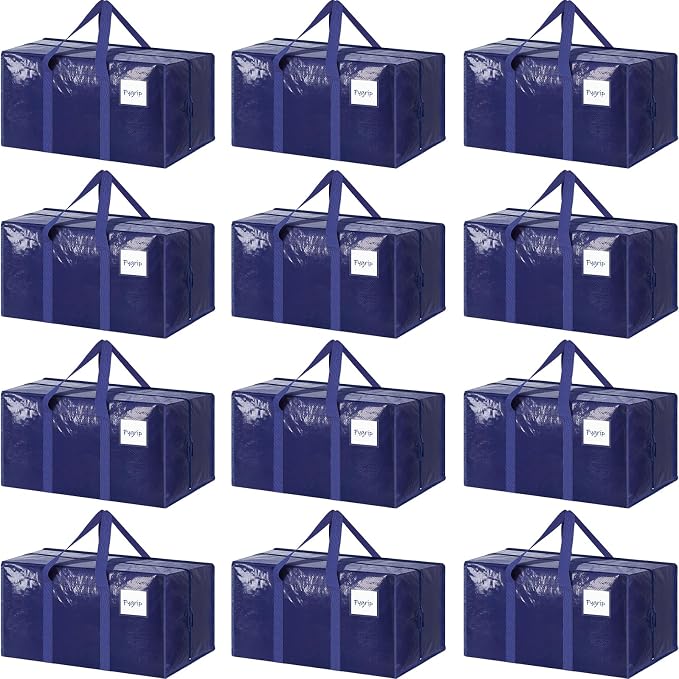 12 Pack Extra Heavy Duty Large Moving Bags with Strong Zipper, Dark Blue | Comfortable Handles, Sturdy & Durable Clothes Storage Bags Totes Bins, Blue Packing Moving Boxes for College Supplies by Fygrip