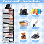 2 Pack 7 Shelf Weekly Clothes Organizer Hanging Closet for Kids with Side Pockets Weekday Shoes Rack Weekly Clothes Organizers Monday Through Weekend Foldable Storage Shelves(Black) - Image 2