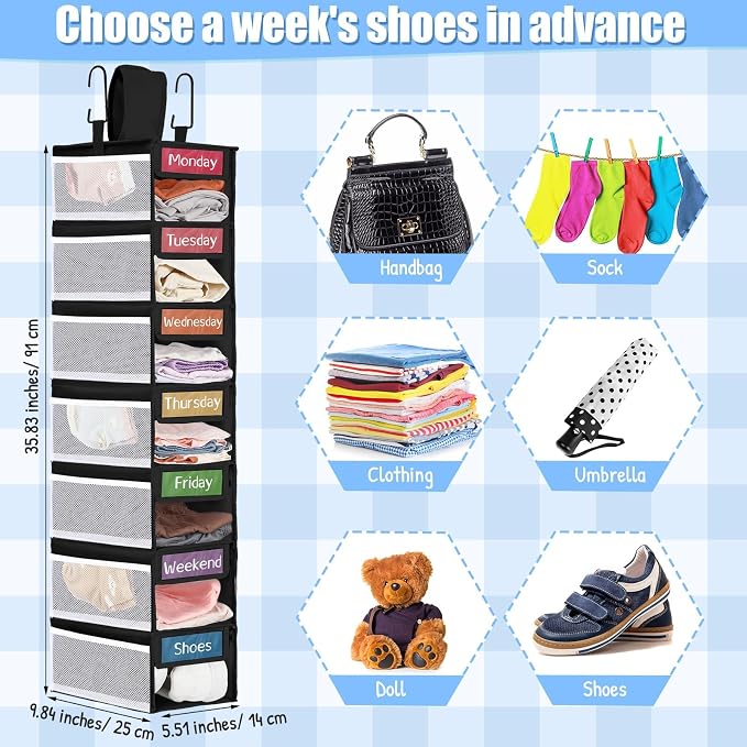 2 Pack 7 Shelf Weekly Clothes Organizer Hanging Closet for Kids with Side Pockets Weekday Shoes Rack Weekly Clothes Organizers Monday Through Weekend Foldable Storage Shelves(Black) - Image 2