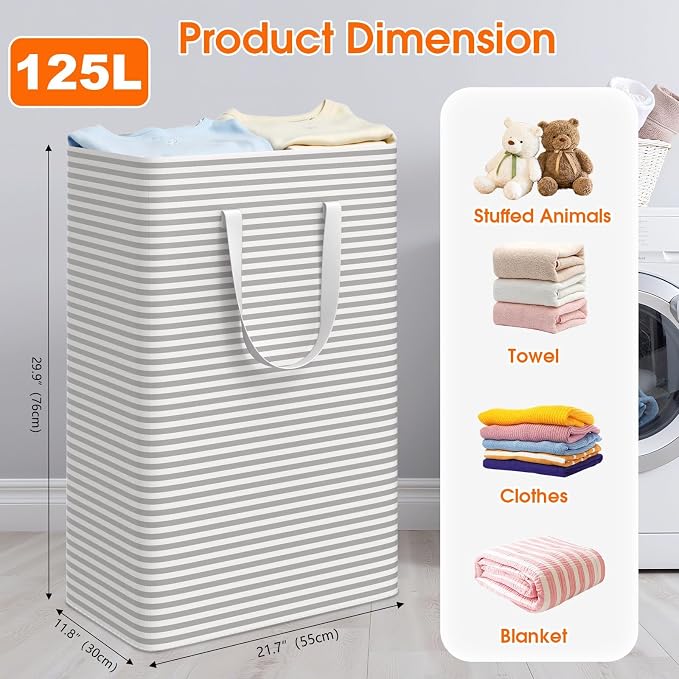 3-Pack Laundry Basket, Collapsible Laundry Hampers, 125L, Gray - Image 2