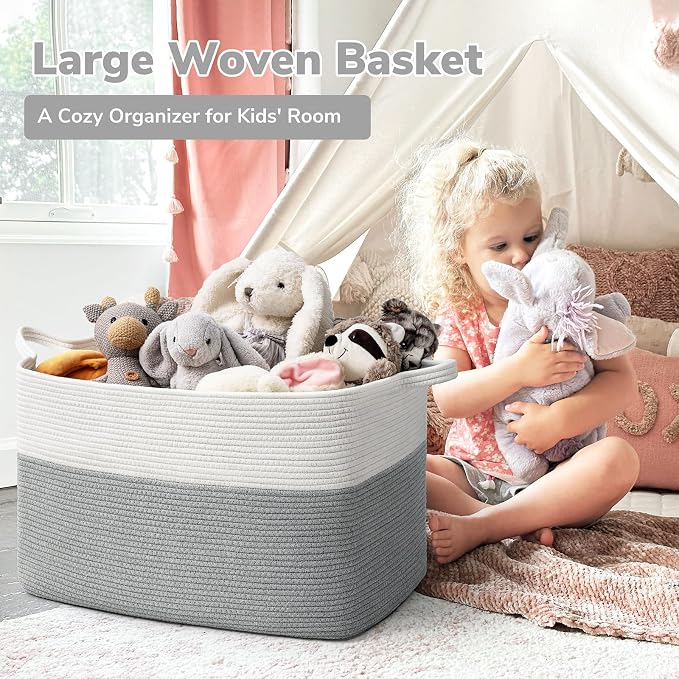 Goodpick 85L Large Woven Rope Blanket Basket, Rectangle, White Gray - Image 2