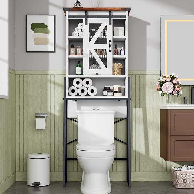 kepptory Over The Toilet Storage Cabinet, Above Toilet Storage Cabinet with Adjustable Shelves and Barn Door, Farmhouse Behind Toilet Bathroom Organizer for Bathroom, Laundry Room, Off-White - Image 3