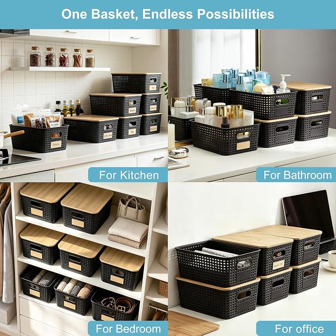 Bagnizer Small Plastic Storage Bins with Bamboo Lids 5.2qt Stackable Box Basket Pantry Decorative Containers Cute with Lable for Organizing Desktop Closet Office Black of 6 packs 10 * 7.2 * 4.1" - Image 5