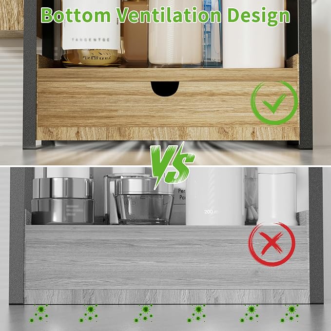 2-Tier Bathroom Counter Organizer, Wooden Vanity Shelf with Drawer & Basket - Image 7