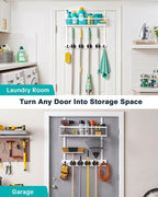 BS-VOG Over the Door Broom Holder with Basket, Wooden Mop & Broom Organizer - Image 6
