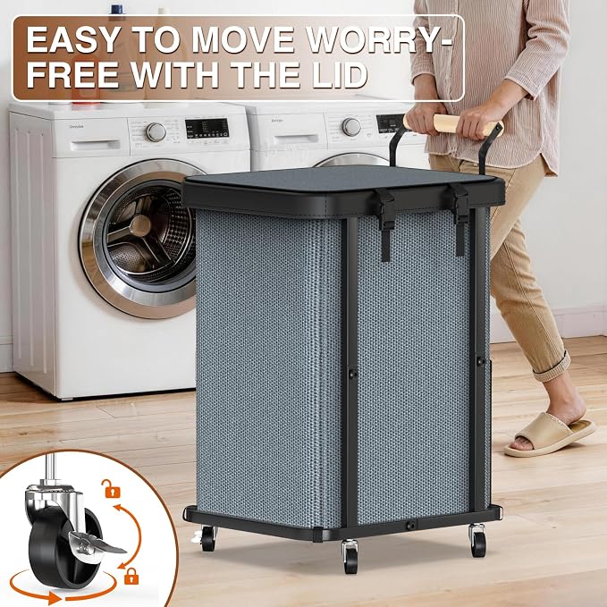 Laundry Hamper with Lid,Leather Patchwork Laundry Basket with Wheels Grey - Image 3