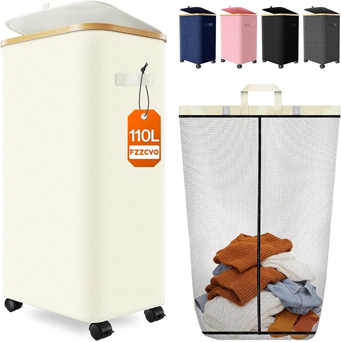 Laundry Basket with Wheels, 110L Large Rolling Laundry Hamper for Dorm by Fzzcvo