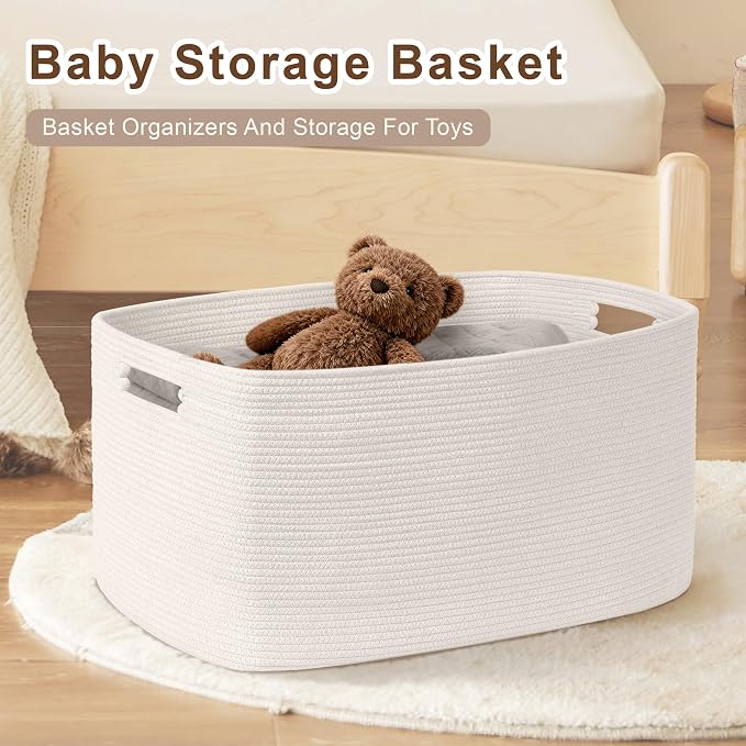100L Extra Large Woven Laundry Basket Hamper with Handles, White - Image 3